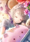  :3 absurdres blue_bow blurry blurry_foreground bow braid briar_rose_(sinoalice) closed_eyes commentary_request depth_of_field dutch_angle facing_viewer flower grey_hair grey_shirt hair_bow highres hoshizaki_reita hospital_gown leaf lying on_side pink_flower shirt short_sleeves signature sinoalice sleeping smile solo 