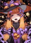  bangs black_bow black_cat black_hat black_stripes blunt_bangs bow cat commentary_request doku-chan_(dokkudokudoku) fangs food half-closed_eyes halloween hat highres horizontal_stripes jack-o'-lantern lips long_hair looking_at_viewer macaron original parted_lips pointy_ears print_bow pumpkin purple_bow purple_eyes solo star star_print striped striped_bow tongue tongue_out 