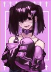  bandage_on_face bangs bare_shoulders black_choker black_eyes choker cross doku-chan_(dokkudokudoku) hair_over_one_eye highres long_sleeves looking_at_viewer open_mouth original purple_background shiny shiny_hair solo stitches teeth twintails white_eyepatch 
