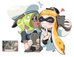  /\/\/\ 4girls bangs blunt_bangs blush_stickers cellphone crown dated domino_mask glasses green_hair hat heart hime_(splatoon) iida_(splatoon) inkling kiss looking_at_another mask microphone mini_crown multiple_girls octoling open_mouth orange_hair phone purple_eyes self_shot signature smartphone splatoon_(series) splatoon_2 spoken_ellipsis sweatdrop tentacle_hair thick_eyebrows w waterkuma white_hat yuri 