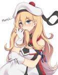  belt beret blonde_hair blue_eyes blush breasts cleavage commentary dress gloves hair_between_eyes hat kantai_collection long_hair mole mole_under_eye multicolored multicolored_clothes multicolored_dress multicolored_gloves multicolored_scarf pom_pom_(clothes) richelieu_(kantai_collection) scarf strapless strapless_dress tiasis white_background white_hat 