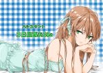  ahoge azusagawa_tsukino breasts brown_hair from_side green_eyes hands_together hassystants highres long_hair looking_at_viewer lying medium_breasts on_stomach pajamas parted_lips sideboob solo yakitate!!_japan 