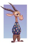  2018 antelope anthro barefoot border bread clothed clothing disney fan_character food fuel_(artist) fuel_(character) half-closed_eyes hands_in_pockets horn male mammal mouth_hold simple_background solo standing sweater white_border zootopia 