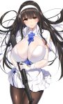  assault_rifle bangs between_breasts black_hair black_legwear blue_neckwear blush breasts bullpup cape cleavage closed_mouth commentary eyebrows_visible_through_hair floating_hair flower girls_frontline gloves gun hair_flower hair_ornament hairband holding large_breasts long_hair looking_at_viewer minamon_(vittel221) necktie necktie_between_breasts pantyhose qbz-95 qbz-95_(girls_frontline) rifle shirt simple_background skirt smile solo very_long_hair weapon white_gloves white_hairband white_shirt white_skirt yellow_eyes 