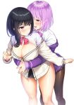  bangs black_hair black_legwear black_skirt blue_eyes blush bow breasts button_gap cardigan cleavage collared_shirt dress_shirt drooling hands_clasped hands_together highres hug hug_from_behind jacket large_breasts lavender_hair long_sleeves looking_at_another looking_back melomelo_d microskirt multicolored multicolored_eyes multiple_girls no_bra off_shoulder open_cardigan open_clothes open_mouth open_shirt own_hands_together pantyhose pink_eyes purple_bow purple_eyes purple_jacket red_bow shinjou_akane shiny shiny_skin shirt short_hair skirt ssss.gridman takarada_rikka thighs white_background white_cardigan white_shirt yuri 