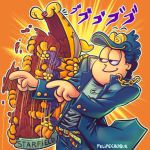  cat_food chain commentary cosplay eating english_commentary felipe_choque food food_bowl gakuran garfield garfield_(character) hat jim_davis_(style) jojo_no_kimyou_na_bouken jon_arbuckle kuujou_joutarou kuujou_joutarou_(cosplay) multiple_belts pointing pointing_to_the_side school_uniform smile sound_effects stand_(jojo) star_platinum star_platinum_(cosplay) 