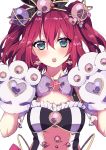  :o absurdres bangs black_bow blue_eyes blush bow breasts commentary_request earrings eyebrows_visible_through_hair frills gloves hair_between_eyes hair_bow hair_ornament hands_up heart heart_earrings heart_hair_ornament highres jewelry kurosawa_ruby love_live! love_live!_sunshine!! mashiro_(rikuya) parted_lips paw_gloves paws purple_bow red_hair short_sleeves simple_background small_breasts solo upper_body upper_teeth white_background 