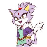  2018 amber_eyes anthro belt blaze_the_cat bracelet cat cheek_tuft clothed clothing cute_fangs feline female forehead_gem hair_tie hand_on_hip jewelry looking_at_viewer mammal open_mouth open_smile plagueofgripes simple_background smile solo sonic_(series) tail_tuft tuft waist_accessory white_background 