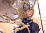  absurdres bangs blonde_hair blue_eyes cape capelet closed_mouth commentary_request eyebrows_visible_through_hair fate/apocrypha fate/grand_order fate_(series) fur_trim gradient gradient_background headpiece highres jeanne_d'arc_(fate) jeanne_d'arc_(fate)_(all) jjeono long_hair long_sleeves looking_at_viewer petals plackart shiny shiny_hair smile solo standard_bearer sword upper_body very_long_hair weapon 