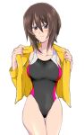  bangs black_swimsuit breasts brown_eyes brown_hair closed_mouth commentary_request competition_swimsuit cowboy_shot eyebrows_visible_through_hair girls_und_panzer highleg highleg_swimsuit jacket large_breasts light_blush long_sleeves looking_at_viewer moekichi nishizumi_maho no_pants one-piece_swimsuit open_clothes open_jacket opened_by_self short_hair simple_background smile solo standing swimsuit thigh_gap thighs white_background yellow_jacket 