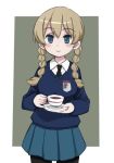  alternate_hairstyle bangs black_legwear black_neckwear blonde_hair blue_eyes blue_skirt blue_sweater braid closed_mouth commentary cowboy_shot cup darjeeling dress_shirt emblem eyebrows_visible_through_hair girls_und_panzer grey_background hair_down hair_over_shoulder holding holding_cup holding_saucer light_blush long_hair long_sleeves looking_at_viewer miniskirt necktie nogitatsu outside_border pantyhose pinky_out pleated_skirt saucer school_uniform shirt short_hair simple_background skirt smile solo st._gloriana's_(emblem) st._gloriana's_school_uniform standing sweater tea teacup twin_braids v-neck white_shirt wing_collar 