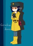 1girl 2016 black_eyes blue_hair blue_sclera cat character_name child coraline coraline_jones dated female full_body hat standing 