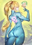  ario ass blonde_hair blue_bodysuit blush bodysuit gun high_ponytail impossible_bodysuit impossible_clothes long_hair looking_at_viewer metroid metroid_(creature) mole mole_under_mouth ponytail samus_aran shiny shiny_clothes simple_background skin_tight solo weapon white_background zero_suit 