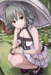  bangs bare_arms bare_shoulders black_footwear black_ribbon blurry blurry_background breasts cleavage closed_mouth collarbone commentary_request cross-laced_clothes curly_hair depth_of_field dress frilled_dress frills grass grey_hair hair_ribbon halterneck highres holding holding_umbrella idolmaster idolmaster_cinderella_girls kanzaki_ranko layered_dress long_hair looking_at_viewer mary_janes medium_breasts narafume outdoors pavement pleated_dress red_eyes ribbon ribbon_trim shoes sidelocks single_wrist_cuff smile solo squatting twintails umbrella white_dress white_ribbon wrist_cuffs 