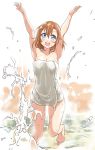  10s 1girl armpits arms_up barefoot blue_eyes blush breasts hair_down kousaka_honoka love_live! love_live!_school_idol_project medium_breasts medium_hair naked_towel open_mouth orange_hair rock smile solo splashing standing steam tetopetesone towel wading water wet 