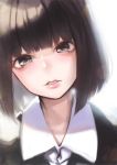  absurdres bangs black_eyes black_hair black_shirt collared_shirt commentary_request doku-chan_(dokkudokudoku) head_tilt highres lips looking_at_viewer original parted_lips portrait shirt short_hair simple_background solo teeth white_background wing_collar 