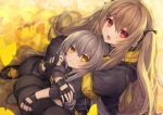  2girls armband bangs black_bow black_footwear black_gloves black_jacket black_legwear blush bow brown_eyes brown_hair closed_mouth commentary_request eyebrows_visible_through_hair fingerless_gloves from_above ginkgo ginkgo_leaf girls_frontline gloves grey_hair hair_between_eyes hair_bow hair_ornament hairclip hug hug_from_behind jacket long_hair long_sleeves looking_at_viewer looking_up multiple_girls open_mouth pantyhose puffy_long_sleeves puffy_sleeves red_eyes scar scar_across_eye shoes twintails ump45_(girls_frontline) ump9_(girls_frontline) very_long_hair 