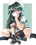  ammunition_belt armor black_gloves black_legwear blush boots cape chin_rest closed_mouth commentary eyepatch flat_cap full_body gloves gloves_removed gradient_hair green_eyes green_hair green_sailor_collar hat indian_style kantai_collection kiso_(kantai_collection) looking_at_viewer multicolored_hair neckerchief red_neckwear remodel_(kantai_collection) sagamiso sailor_collar school_uniform serafuku short_sleeves sitting solo 