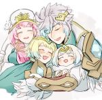  3girls blonde_hair blue_hair breasts brother_and_sister dress earrings feather_trim fire_emblem fire_emblem_heroes fjorm_(fire_emblem_heroes) fur_trim gradient gradient_hair gunnthra_(fire_emblem) hrid_(fire_emblem_heroes) hug jewelry long_hair long_sleeves multicolored_hair multiple_girls nonomori_(anst_nono) open_mouth pink_hair purple_eyes short_hair siblings simple_background sisters smile thighhighs tiara veil white_hair ylgr_(fire_emblem_heroes) 