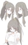  bangs breasts brown_scrunchie closed_mouth collarbone crying crying_with_eyes_open eyebrows_visible_through_hair futaba_rio glasses hair_between_eyes hair_ornament hair_scrunchie hands_up head_tilt high_ponytail highres medium_breasts multiple_views ponytail scrunchie seishun_buta_yarou shirousa shirt short_sleeves simple_background smile tears white_background white_shirt 
