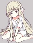 absurdres arm_support bangs bare_legs barefoot between_legs blonde_hair brown_background brown_eyes chii chobits closed_mouth commentary_request eyebrows_visible_through_hair hand_between_legs head_tilt highres long_hair neki_(wakiko) robot_ears romaji_commentary shirt short_sleeves simple_background sitting sketch solo twitter_username very_long_hair wariza white_shirt 