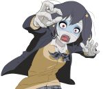  bandages black_hair bow commentary_request hair_between_eyes hair_ornament jacket long_sleeves messy_hair mizuno_ai open_mouth outstretched_arms pettan plaid plaid_skirt red_eyes ribbon school_uniform screaming short_hair skirt sweater_vest zombie zombie_land_saga zombie_pose 