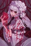  absurdres blood blood_on_face bloody_clothes bloody_dress bloody_hands bow commentary doku-chan_(dokkudokudoku) dress english_commentary gothic_lolita hairband hands_up heart_(organ) highres holding_heart lips lolita_fashion long_hair long_sleeves looking_at_viewer original parted_lips solo very_long_hair white_bow white_dress white_hair white_hairband white_headdress yandere 
