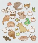  animal ayu_(mog) bat bird black_border blush border bug cat caterpillar chibi commentary_request duck dumbo_octopus fish frog grasshopper grey_background insect koala looking_at_another monkey moth mouse no_humans original otter panda signature simple_background snake squirrel tapir wolf wombat 