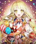  :d balloon bang_dream! bangs blonde_hair blue_neckwear blush bow bowtie commentary cropped_jacket detached_collar earrings eyebrows_visible_through_hair flag floating_hair gambe glint gloves glowing hair_bow hat heart holding holding_hat holding_wand jacket jewelry lace_trim light long_hair looking_at_viewer low_twintails magic michelle_(bang_dream!) open_clothes open_jacket open_mouth outstretched_arm red_bow red_neckwear smile solo star star_earrings striped striped_neckwear top_hat tsurumaki_kokoro twintails upper_body wand white_bow white_gloves yellow_eyes 