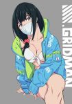  bangs bikini black_hair blue_eyes breasts cleavage collarbone copyright_name crossed_legs front-tie_bikini front-tie_top hassu jacket kengo large_breasts long_hair long_sleeves looking_at_viewer open_clothes open_shirt scrunchie side_ponytail sitting solo ssss.gridman surgical_mask swept_bangs swimsuit thighs white_bikini 