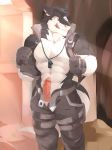  2016 5_fingers abs anthro barbed_penis belt biceps big_muscles black_fur clothing discordnight dog_tags erection esptiger front_view fur gloves hi_res jacket knot licking licking_lips looking_aside male muscular open_jacket open_pants pants pecs penis saliva sergal smile solo standing tongue tongue_out vest white_fur 