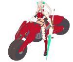  bangs black_panties blue_eyes boots breasts cigarette gauntlets grey_hair ground_vehicle hair_between_eyes highres holding holding_weapon horns lance long_hair looking_at_viewer medium_breasts motor_vehicle motorcycle mouth_hold nagisa_kurousagi navel original panties polearm ponytail revealing_clothes simple_background solo standing thigh_boots thighhighs underwear weapon white_background 