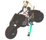  bangs black_panties blonde_hair blue_eyes boots breasts cigarette gauntlets ground_vehicle hair_between_eyes highres holding holding_weapon horns lance long_hair looking_at_viewer medium_breasts motor_vehicle motorcycle mouth_hold nagisa_kurousagi navel original panties polearm ponytail revealing_clothes simple_background solo standing thigh_boots thighhighs underwear weapon white_background 