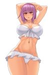  absurdres aori_sora armpits arms_behind_head bikini cameltoe commentary_request cowboy_shot english_commentary eyebrows_visible_through_hair frilled_bikini frills hands_up highres looking_at_viewer navel parted_lips purple_hair red_eyes shinjou_akane short_hair simple_background solo ssss.gridman standing swimsuit thigh_gap white_background white_bikini 