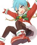  alchera alternate_costume blonde_hair blue_hair buttons christmas commentary commentary_request fang gradient_hair green_ribbon hands_up hat jumping kantai_collection long_hair looking_at_viewer multicolored_hair open_mouth pantyhose red_eyes ribbon rudder_shoes sado_(kantai_collection) santa_costume santa_hat smile solo tsurime 