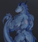  anthro back_muscles big_muscles blue_scales butt claws dragon fin horn male muscular muscular_male nude rear_view scales scar sharp_teeth solo teeth velk yellow_eyes 