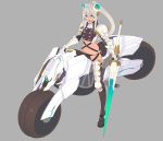  absurdres bangs black_panties blue_eyes boots breasts cigarette gauntlets grey_hair ground_vehicle hair_between_eyes highres holding holding_weapon horns lance long_hair looking_at_viewer medium_breasts motor_vehicle motorcycle mouth_hold nagisa_kurousagi navel original panties polearm ponytail revealing_clothes simple_background solo standing thigh_boots thighhighs underwear weapon 