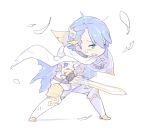  absurdres alfonse_(fire_emblem) armor belt blue_eyes blue_hair boots breastplate cape chibi fighting_stance fire_emblem fire_emblem_heroes full_body hair_ornament highres holding holding_sword holding_weapon male_focus metal_boots nagisa_kurousagi pants shield simple_background solo standing sword torn_cape torn_clothes weapon white_background white_cape white_footwear 