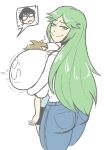  1boy 2girls bayonetta breast_expansion breast_smother breasts casual denim green_eyes green_hair huge_breasts jeans kid_icarus large_breasts multiple_girls nintendo palutena pants pit_(kid_icarus) planet_of_junk shirt thought_bubble 