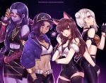  animal_ears ashe_(overwatch) atobesakunolove bare_shoulders baseball_cap belt black_choker black_gloves bracelet breasts brown_hair choker cleavage closed_mouth commentary cosplay crossed_arms d.va_(overwatch) dark_skin facebook_username facial_mark fingerless_gloves glasses gloves hair_bun hair_ornament hand_up hat heart heart_hair_ornament highres jewelry k/da_(league_of_legends) k/da_ahri k/da_ahri_(cosplay) k/da_akali k/da_akali_(cosplay) k/da_evelynn k/da_evelynn_(cosplay) k/da_kai'sa k/da_kai'sa_(cosplay) kemonomimi_mode large_breasts league_of_legends long_hair looking_at_viewer medium_breasts mole multiple_girls navel overwatch pince-nez pink-tinted_eyewear purple_hair purple_skin red_eyes short_shorts shorts skin_tight smile sombra_(overwatch) standing thighhighs watermark web_address white_hair widowmaker_(overwatch) 