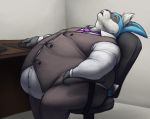  anthro belly belly_overhang big_belly big_butt black_fur blue_fur buckteeth butt chair clothed clothing computer_mouse desk drooling eyes_closed fully_clothed fur hair hyper hyper_belly inside lagomorph long_ears male mammal multicolored_fur necktie obese obese_male office office_chair open_mouth overweight overweight_male rabbit saliva sitting sleeping solo straining_buttons sugarboy suit teeth vest white_fur white_hair winston_(roller-2009) 