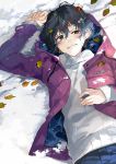  arm_up black_eyes black_hair hood kyouichi leaf looking_at_viewer lying male_focus on_back original pink_coat pink_hood ribbed_sweater snow sweater 