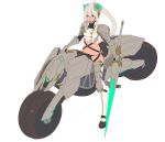  bangs black_panties blue_eyes boots breasts cigarette gauntlets grey_hair ground_vehicle hair_between_eyes highres holding holding_weapon horns lance long_hair looking_at_viewer medium_breasts motor_vehicle motorcycle mouth_hold nagisa_kurousagi navel original panties polearm ponytail revealing_clothes simple_background solo standing thigh_boots thighhighs underwear weapon 