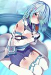  aqua_eyes aqua_hair bangs belt_pouch blush commentary_request covering covering_breasts dead_or_alive dead_or_alive_6 eyebrows_visible_through_hair eyes_visible_through_hair gloves hair_ornament hairclip highres looking_at_viewer nico_(doa) nishisan_(mikurosu) pouch seiza short_hair shorts sitting solo thighhighs torn_clothes 