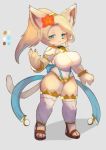  2018 anthro big_breasts blonde_hair blue_eyes blush bracelet breasts cat claws clothed clothing eyebrows feline female flower flower_in_hair footwear fur hair inner_ear_fluff jewelry kemono kyuuri legwear leotard looking_at_viewer mammal navel plant ring sandals scarf simple_background smile solo standing stockings yellow_fur 