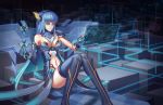  asymmetrical_gloves blue_eyes blue_hair boots brilliant_naraku cityscape commentary_request elbow_gloves eyebrows_visible_through_hair gloves headgear highres holographic_monitor long_hair looking_at_viewer navel navel_cutout original science_fiction shoulder_armor sitting slit_pupils thigh_boots thighhighs unmoving_pattern 
