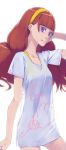  akinbo_(hyouka_fuyou) amanogawa_kirara bangs blunt_bangs bra bra_strap brown_hair clothes_writing collarbone copyright_name cowboy_shot go!_princess_precure hairband highres long_hair precure print_shirt purple_eyes shiny shiny_hair shirt short_sleeves simple_background solo standing twintails underwear very_long_hair white_background white_shirt yellow_bra yellow_hairband 