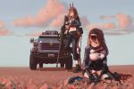  absurdres animal_ears chinese_commentary commentary_request exoskeleton field flower girls_frontline ground_vehicle gun highres horse_ears huge_filesize jeep js_9_(girls_frontline) js_9_mm motor_vehicle multiple_girls shoes sneakers squatting sunset type_88_(girls_frontline) type_88_lmg weapon xiao_po_qie 