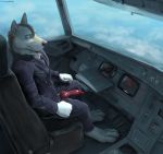  airliner animal_genitalia animal_penis anthro canine canine_penis clothed clothing cockpit erection hi_res knot looking_at_viewer male mammal necktie penis pilot solo suit uniform unprofessional_behavior virtyalfobo 