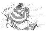  anthro belly belly_overhang bench big_belly big_butt butt chair_breaking chubby_cheeks clothed clothing english_text fatglaz feline food fur hair holding_food holding_object huge_butt hyper hyper_belly hyper_butt looking_back male mammal monochrome morbidly_obese obese obese_male on_bench open_mouth overweight overweight_male rear_view rollin_(rollytiger) simple_background sitting solo sound_effects striped_fur stripes submarine_sandwich surprise text tiger wide_hips 
